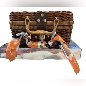 Handbag Woven Basket Featuring Added Stylish Scarf Accent. 2 Handle Turn Lock